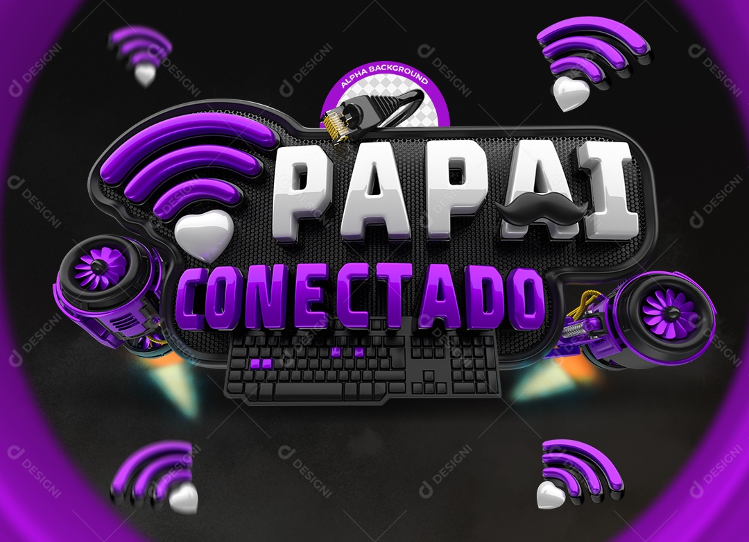 Selo 3D Papai Conectado Branco e Roxo para Composição PSD