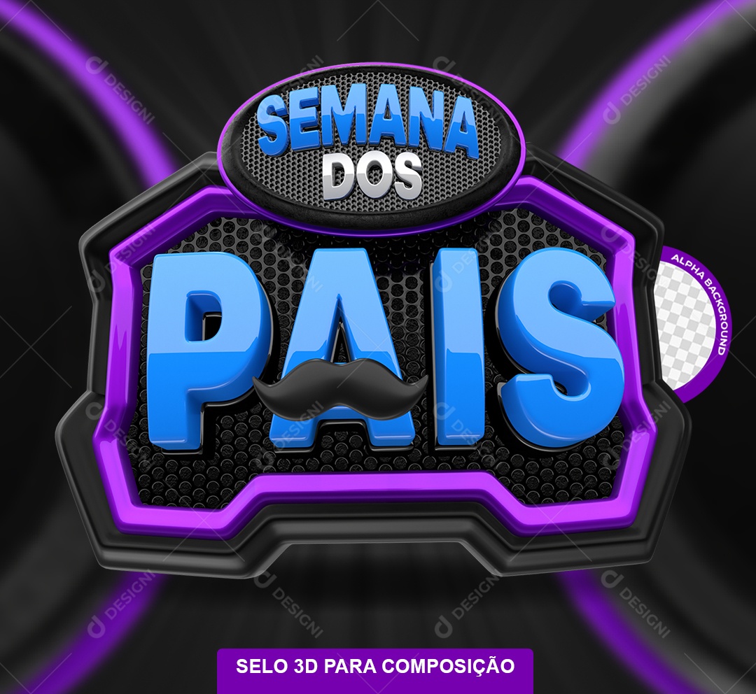 Selo 3D Semana dos Pais Azul e Roxo para Composição PSD
