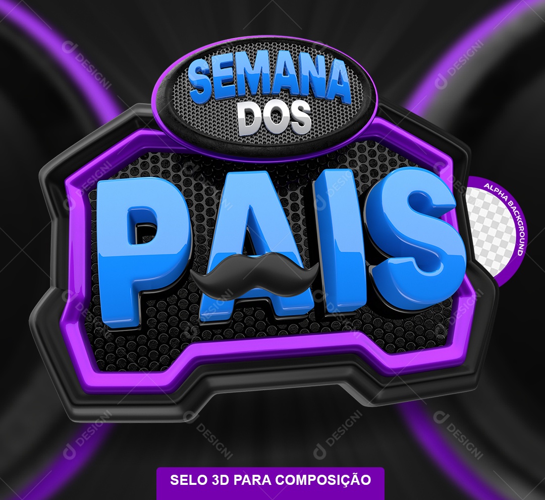 Semana dos Pais Selo 3D Azul e Roxo para Composição PSD