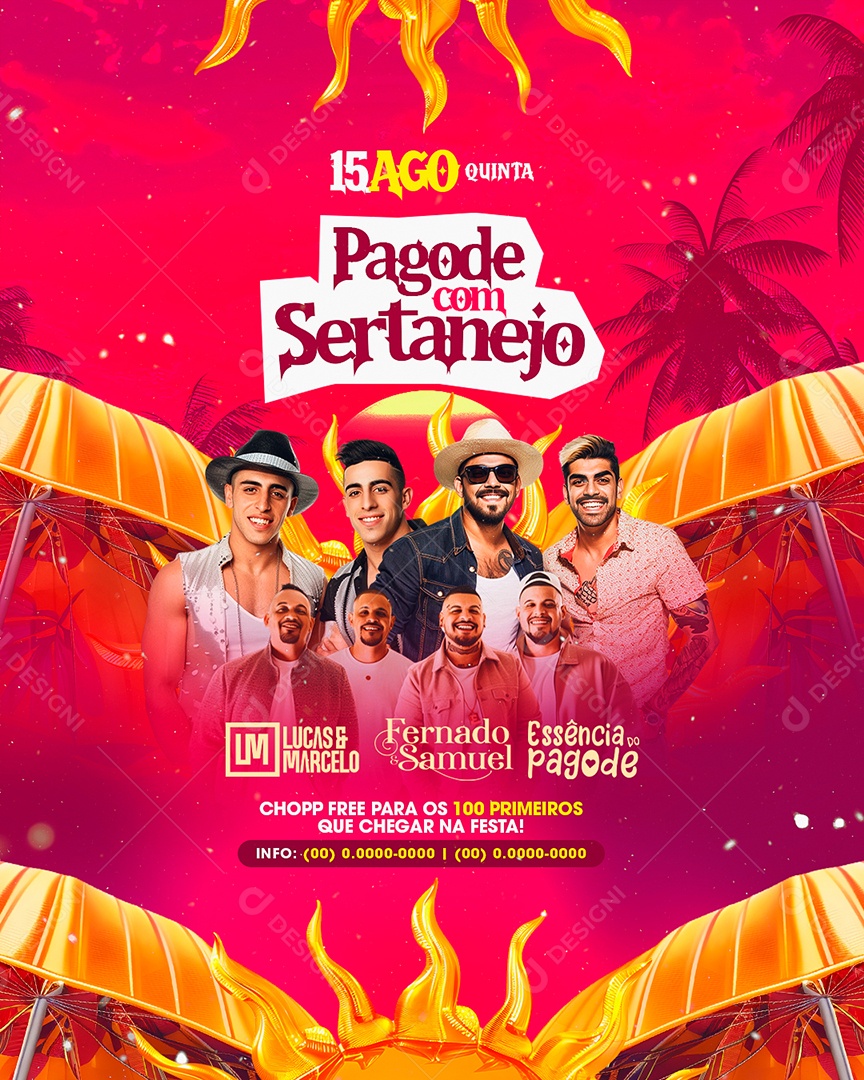 Flyer Pagode com Sertanejo Lucas e Marcelo Fernado e Samuel Social Media PSD Editável