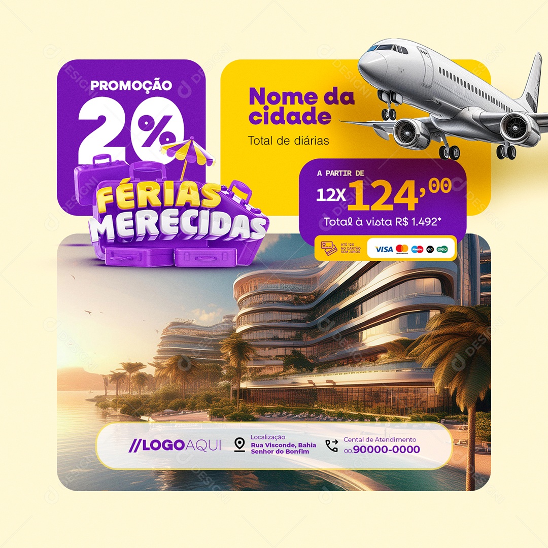 Férias Merecidas Promoção 20% de Desconto Social Media PSD Editável