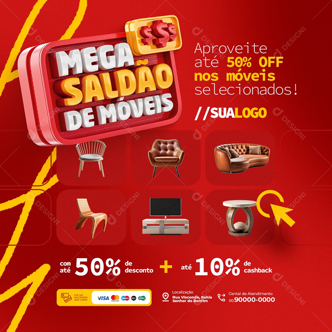 Mega Saldão de Móveis Aproveite Até 50% Off Social Media PSD Editável