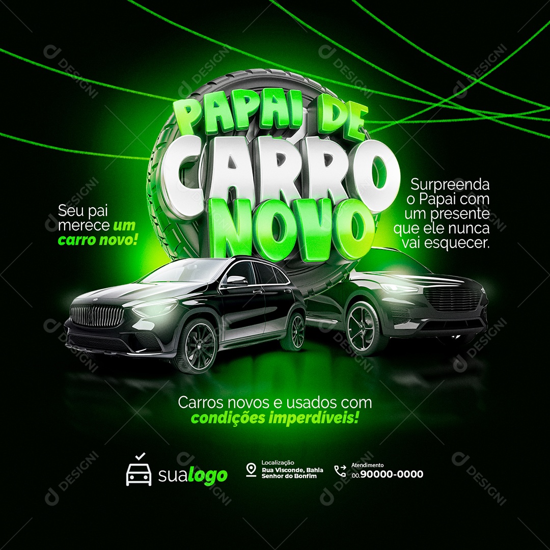 Papai de Carro Novo Concessionária Carros Novos e Usados Social Media PSD Editável