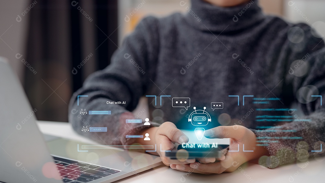 Um homem usando um laptop conversando com uma inteligência artificial