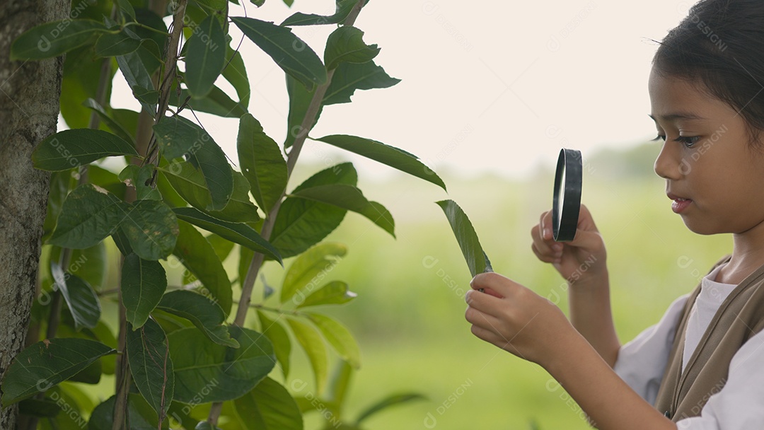 Garota asiática com lupa na mão olhando folhas