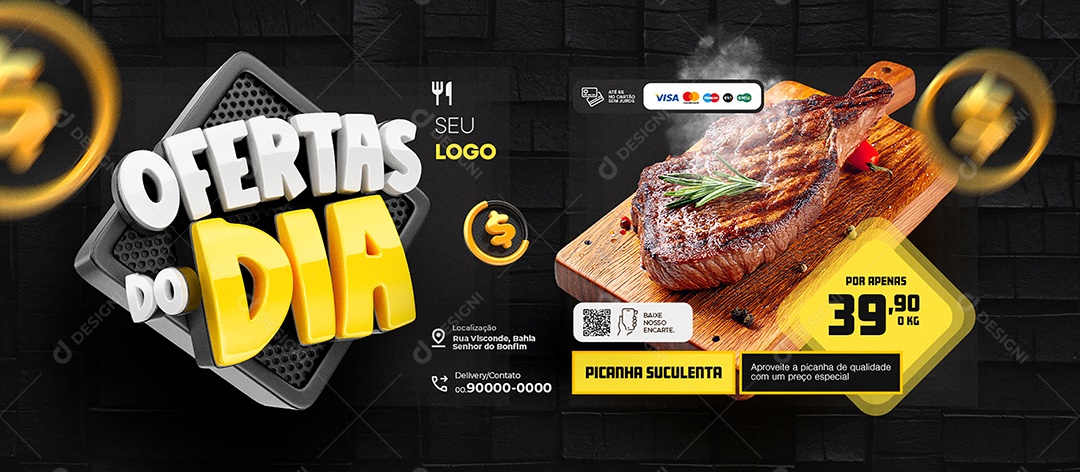 Banner Ofertas do Dia Supermercado Açougue Picanha Suculenta Social Media PSD Editável