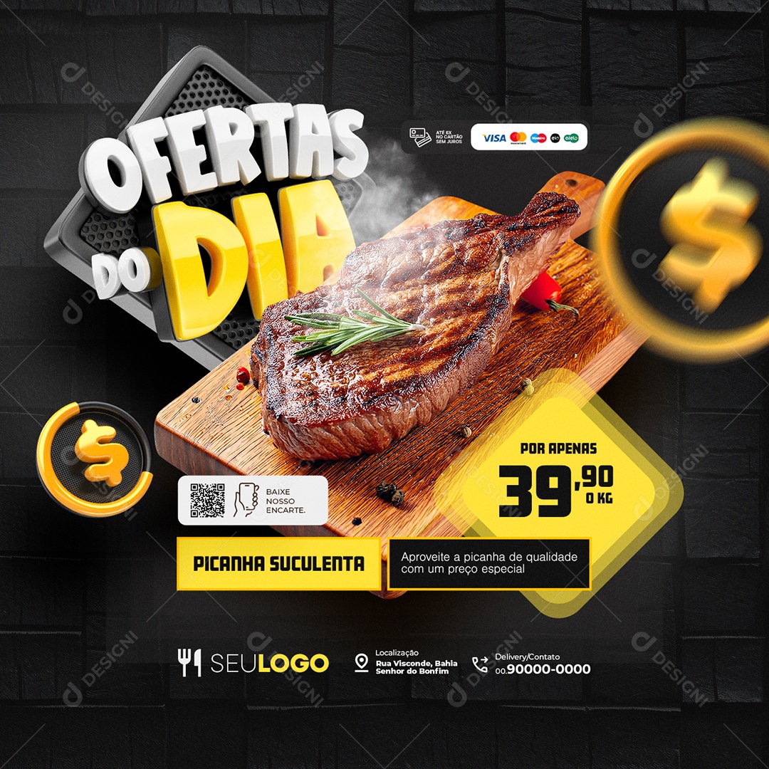Ofertas do Dia Supermercado Açougue Picanha Suculenta Social Media PSD Editável