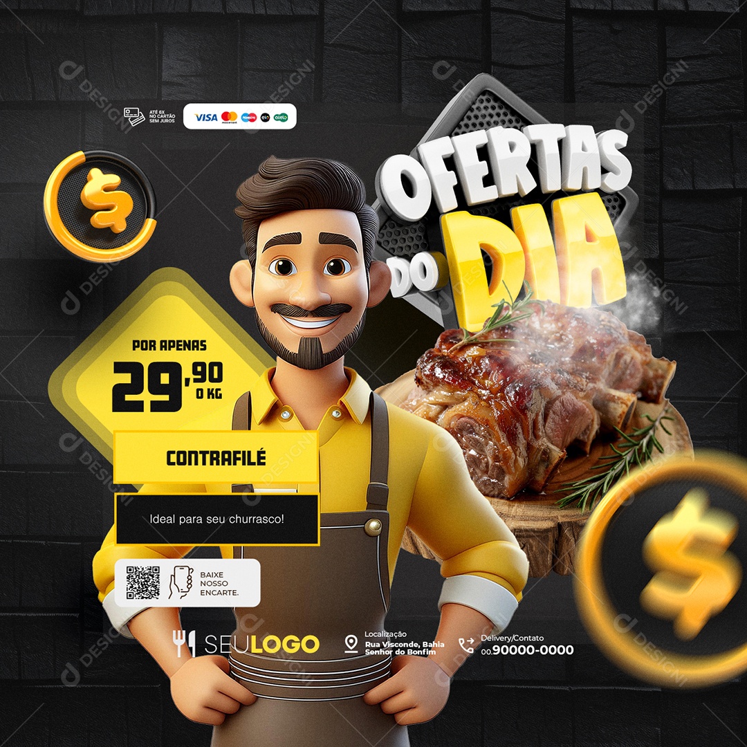Ofertas do Dia Supermercado Açougue Contrafilé Social Media PSD Editável