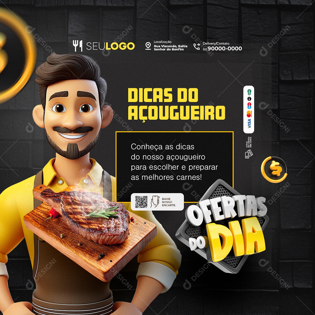 Ofertas do Dia Supermercado Açougue Dicas do Açougueiro Social Media PSD Editável