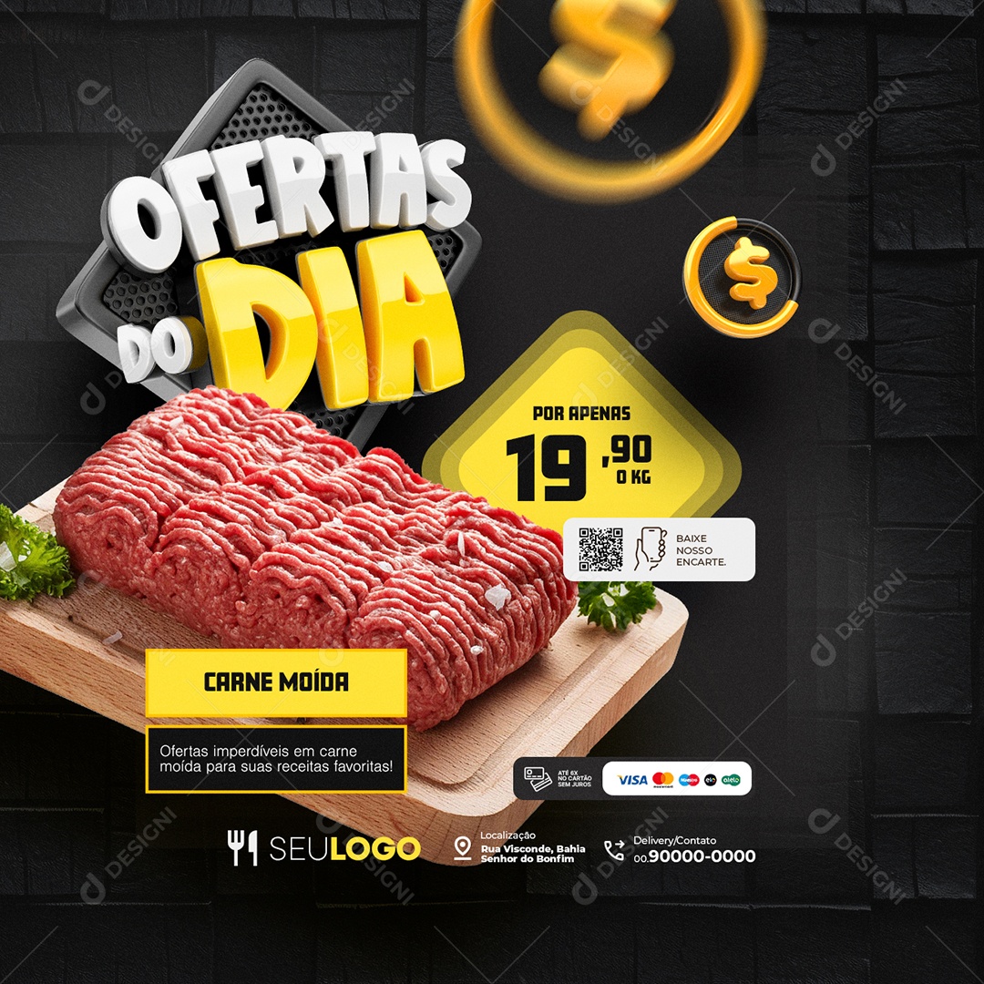 Ofertas do Dia Supermercado Açougue Carne Moída Social Media PSD Editável