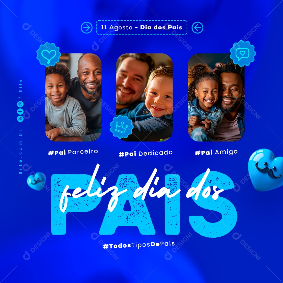 Dia Dos Pais 11 de Agosto Pai Parceiro Dedicação e Amigo Social Media PSD Editável