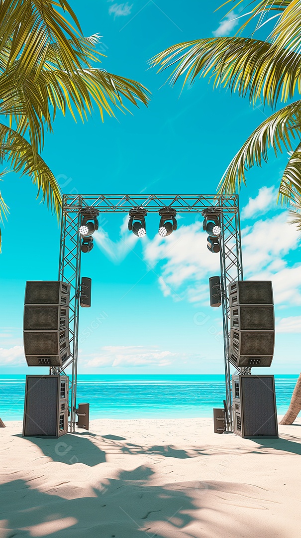 Estrutura de holofotes de palco de praia com alto-falantes