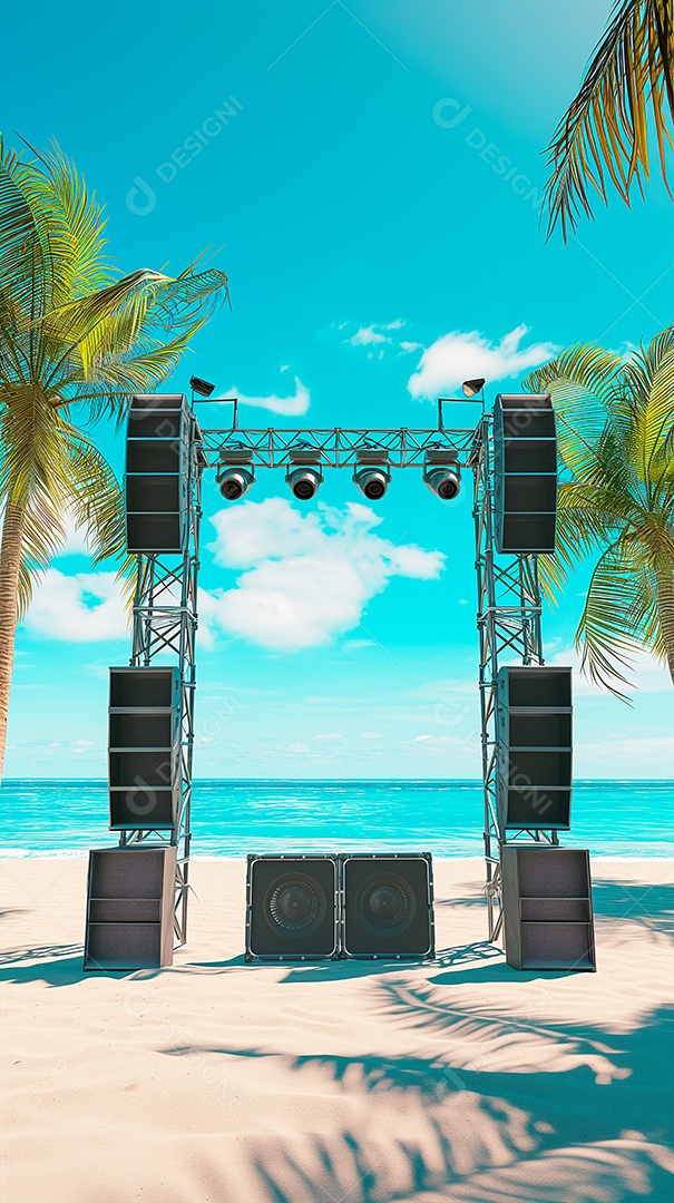 Estrutura de holofotes de palco de praia com alto-falantes