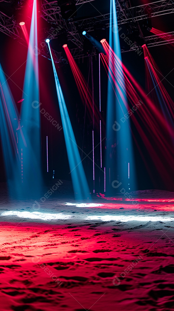 Fundo de palco na praia com holofotes azul e vermelho