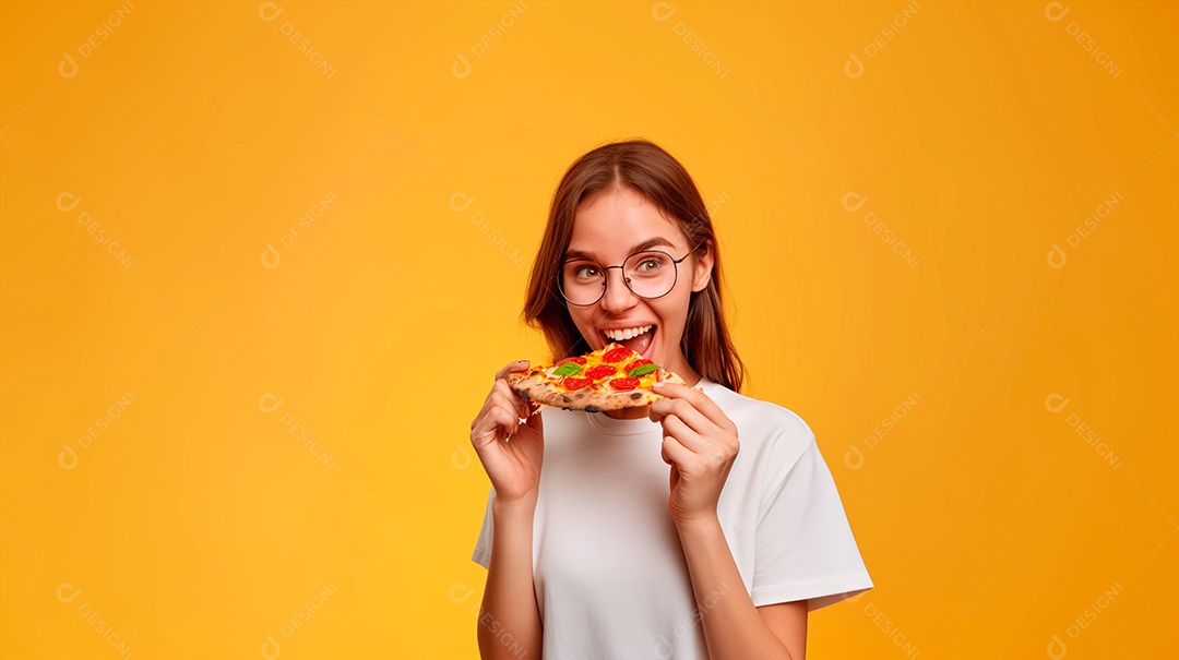 Jovem sorridente com uma fatia de pizza na boca e feliz