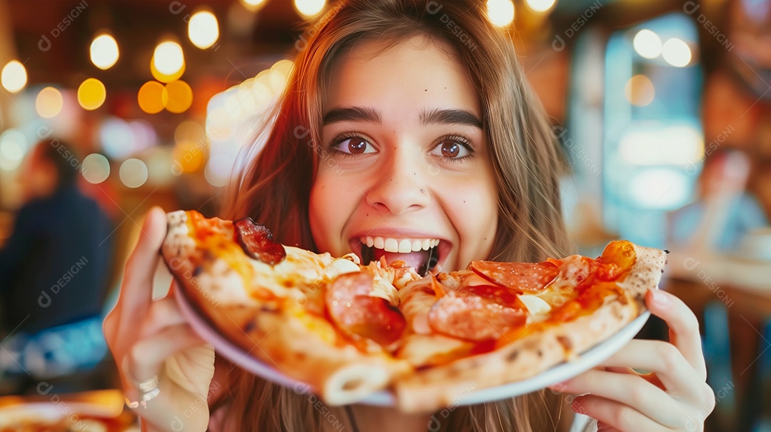 Linda jovem soboreando uma fatia de pizza