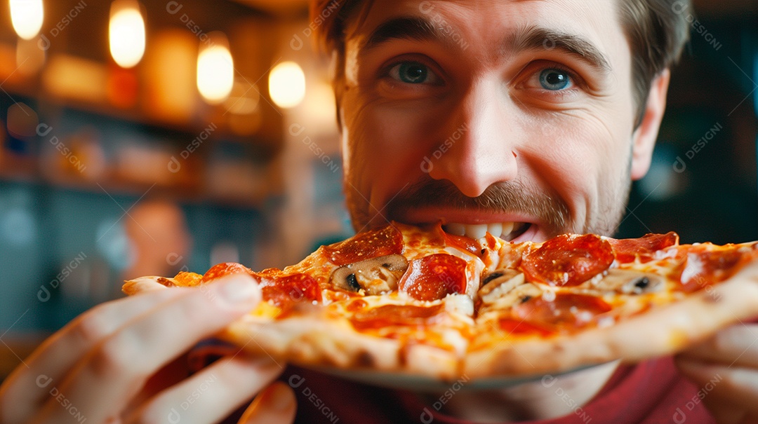Closeup de homem saboreando uma fatia de pizza sorrindo