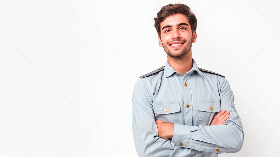 Jovem guarda com os braços cruzados feliz em fundo branco