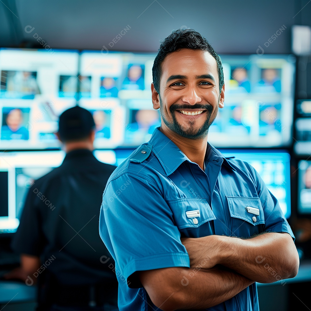 Segurança feliz com painel de controle ao fundo