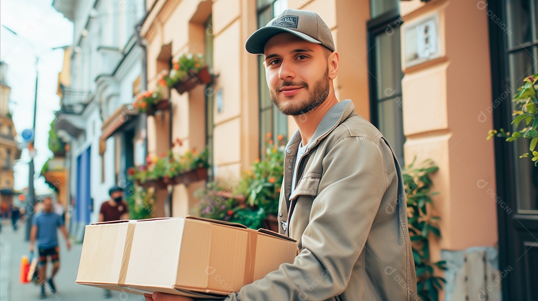 jovem com uniforme de entregador e caixas na mão