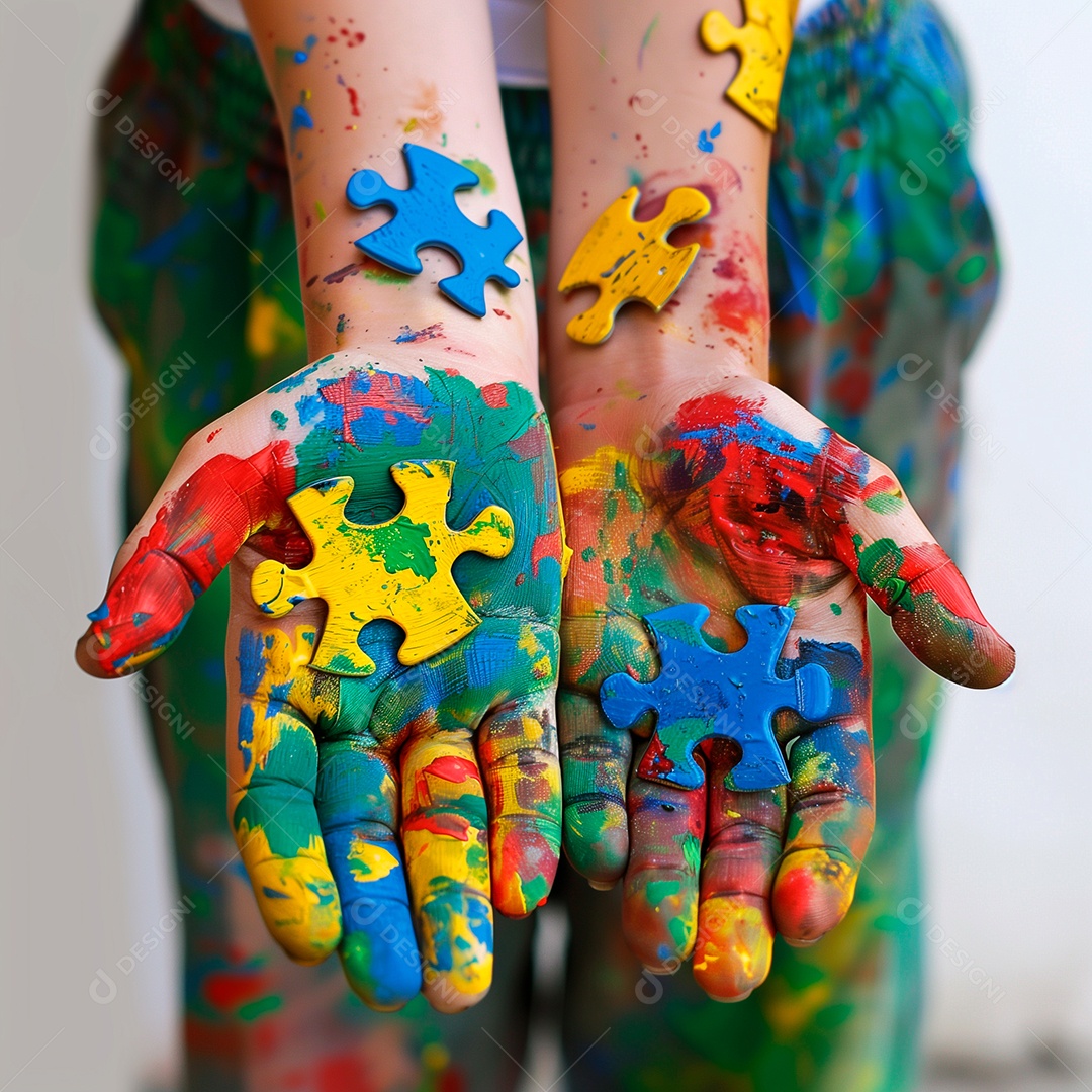 Mãos mostrando peças de quebra-cabeças coloridas autista