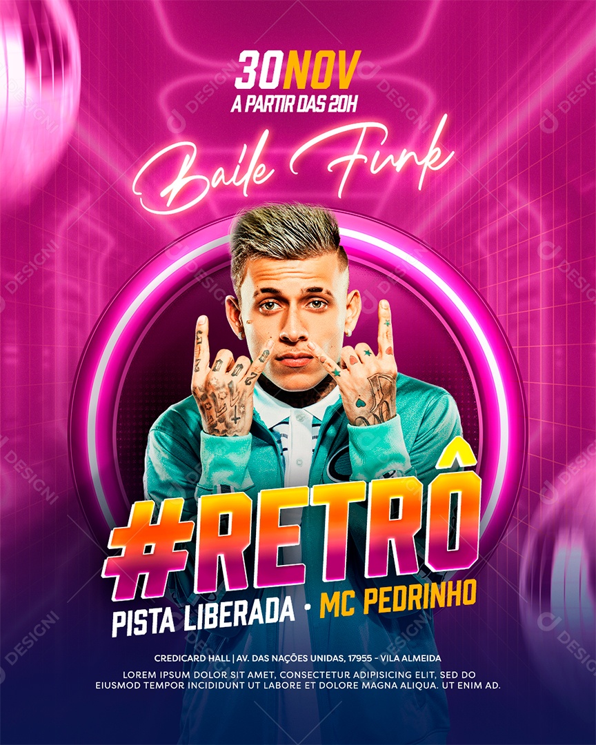 Flyer Baile Funk Retrô MC Pedrinho Social Media PSD Editável