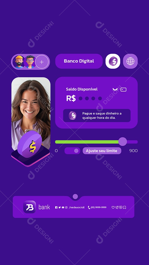 Story Banco Digital Pague e Saque Dinheiro a Qualquer Hora do Dia Social Media PSD Editável