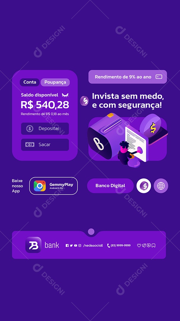 Story Banco Digital Invista Sem Medo e Com Segurança Social Media PSD Editável
