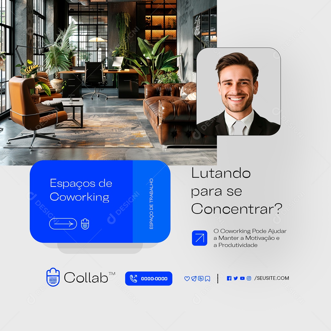 Coworking Lutando Para se Concentrar Social Media PSD Editável