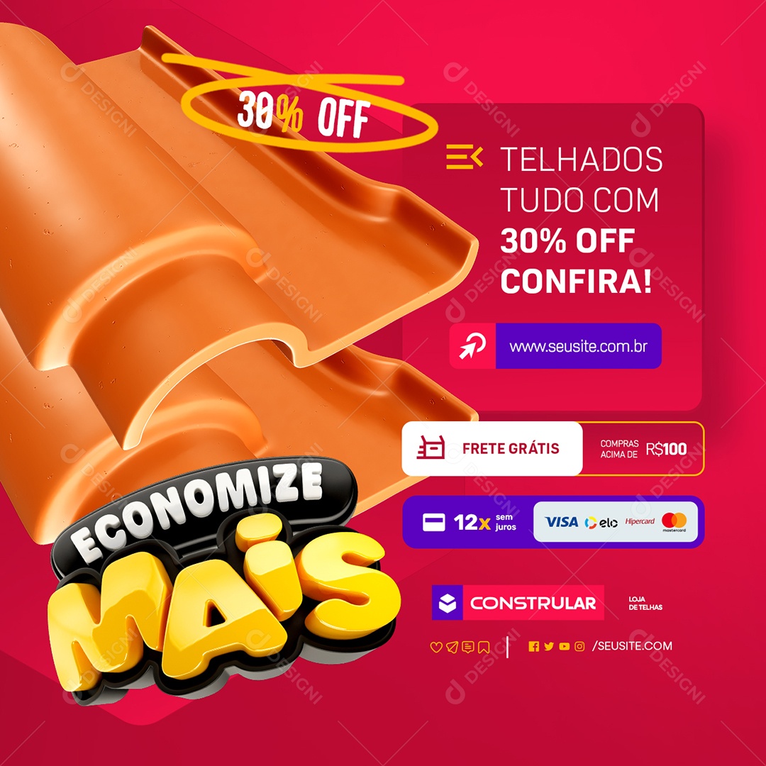 Telhas Economize Telhados Tudo com 30% Off Social Media PSD Editável