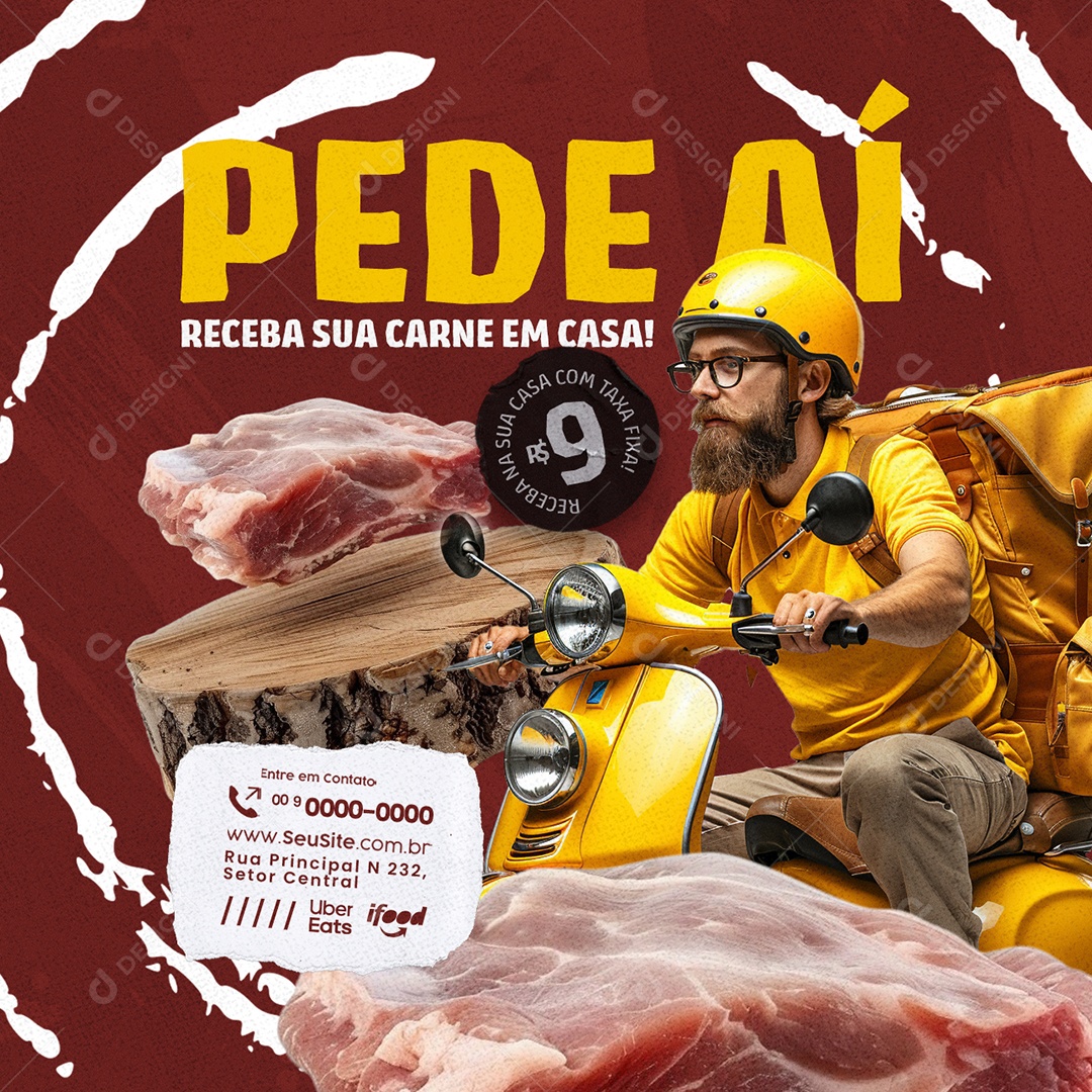 Delivery Pede Aí Receba sua Carne Açougue Social Media PSD Editável