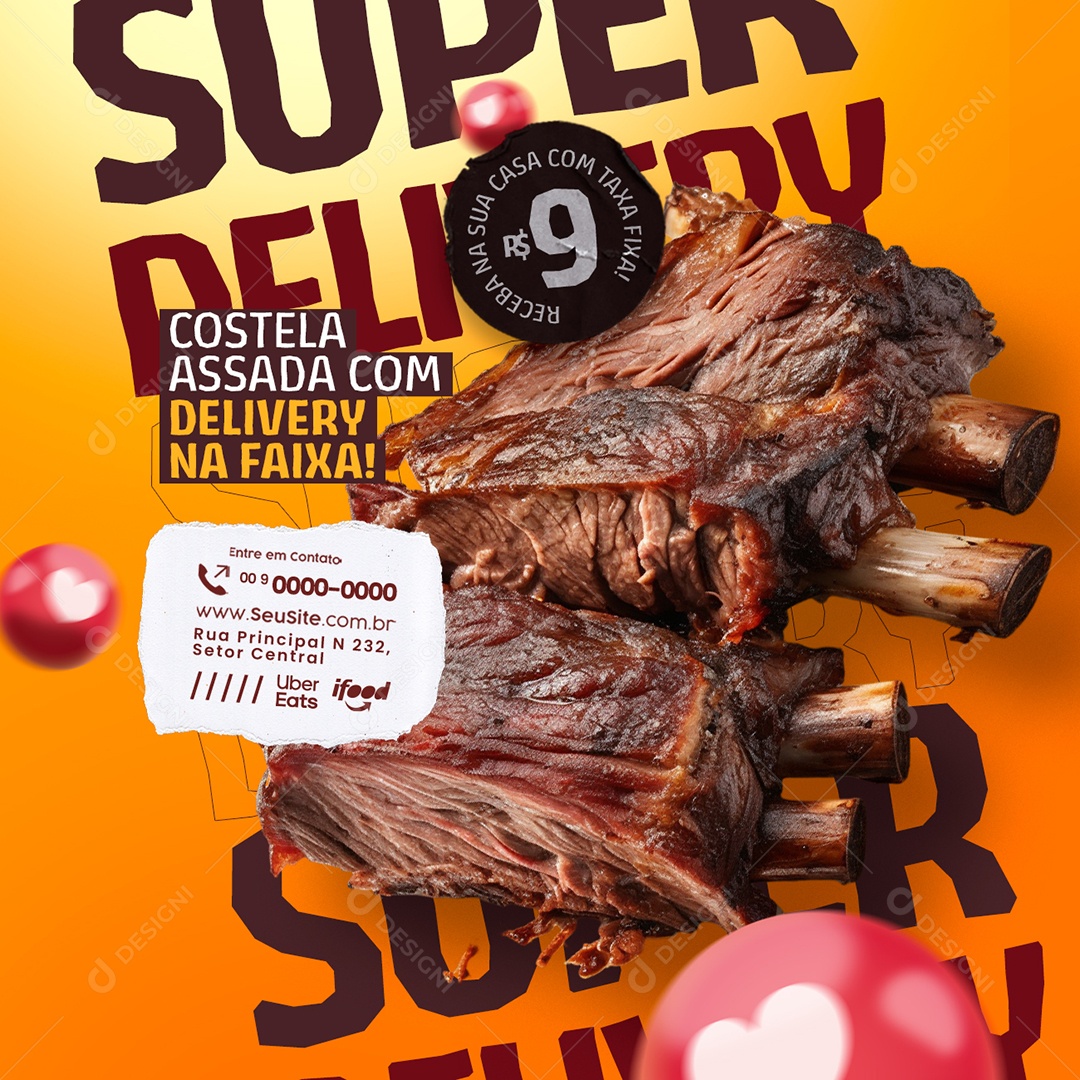Costela Assada com Delivery na Faixa Social Media PSD Editável