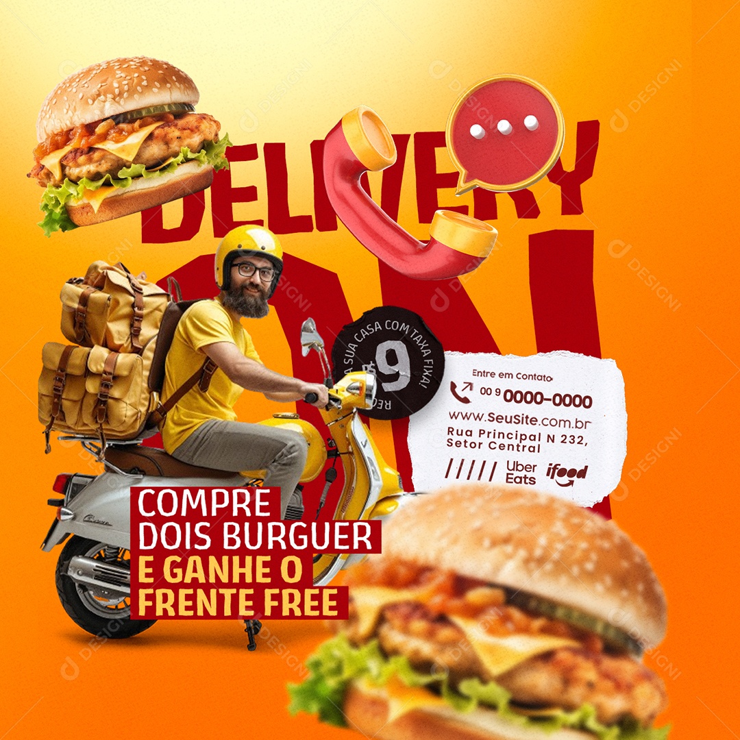 Delivery Compre Dois Burguer Social Media PSD Editável