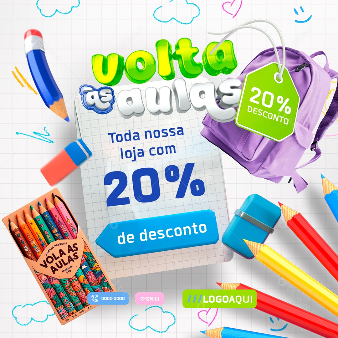 Volta às Aulas Toda Nossa Loja com 20% de Desconto Social Media PSD Editável