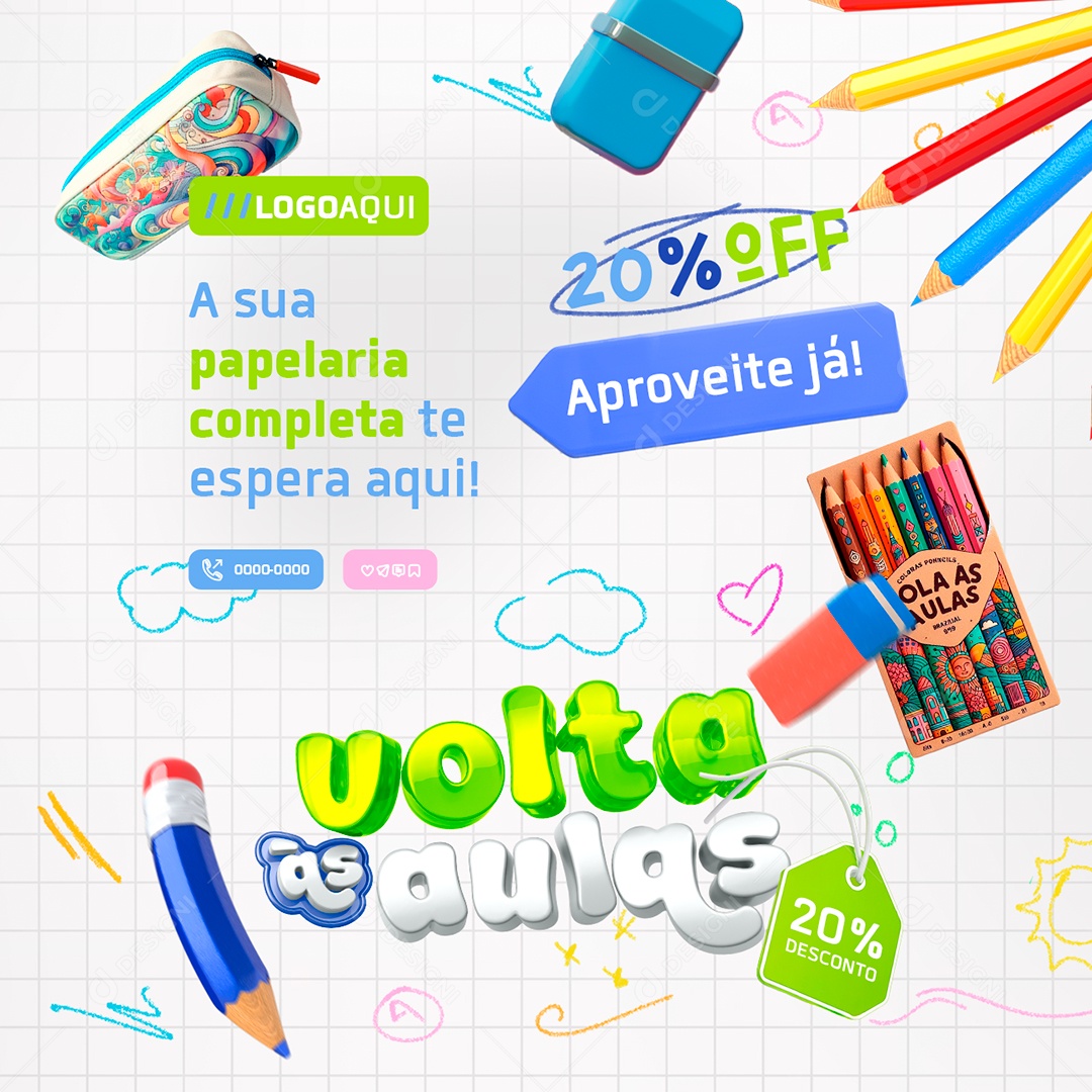 Volta às Aulas Materiais Escolares 20% Off Social Media PSD Editável