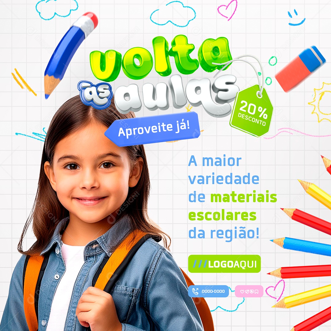 Volta às Aulas Aproveite Já 20% Desconto Social Media PSD Editável
