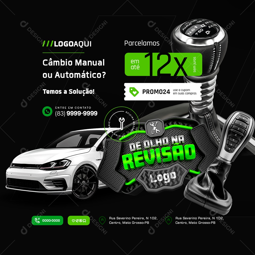 Oficina Mecânica De Olho na Revisão Câmbio Manual ou Automático Social Media PSD Editável