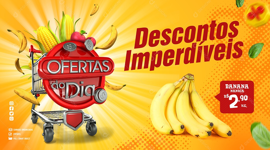 Banner Ofertas do Dia Supermercado Descontos Imperdíveis Social Media PSD Editável