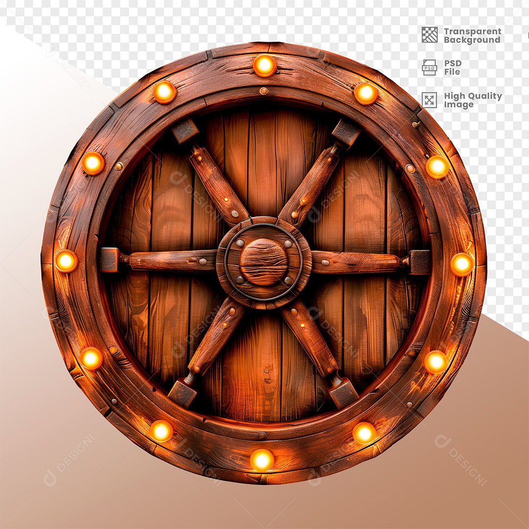 Roda de Madeira com Lampadas Elemento 3D para Composição PSD