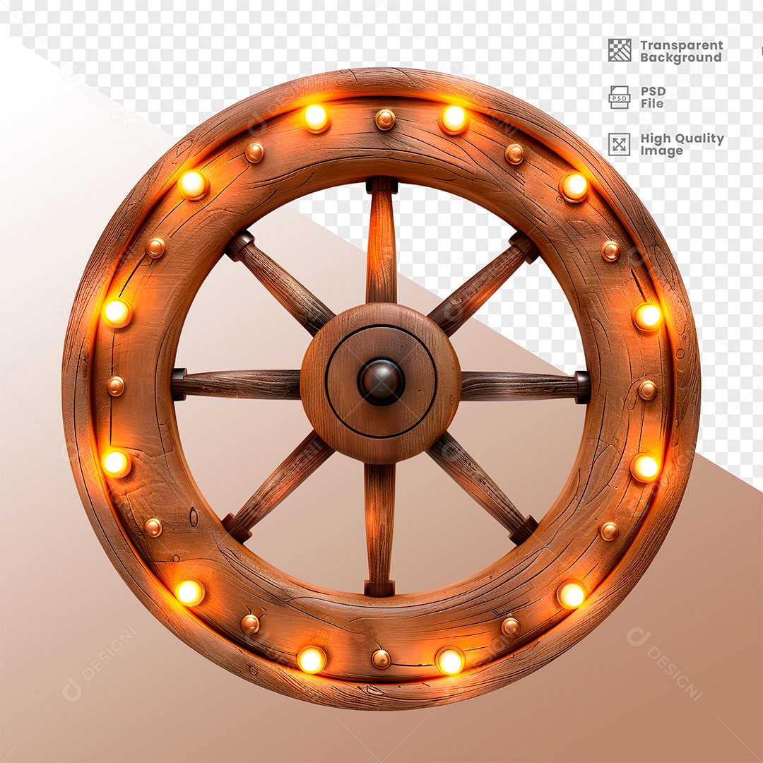 Roda de Madeira com Lampadas Elemento 3D para Composição PSD