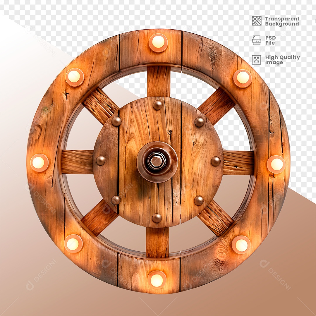Roda de Madeira com Lampadas Elemento 3D para Composição PSD