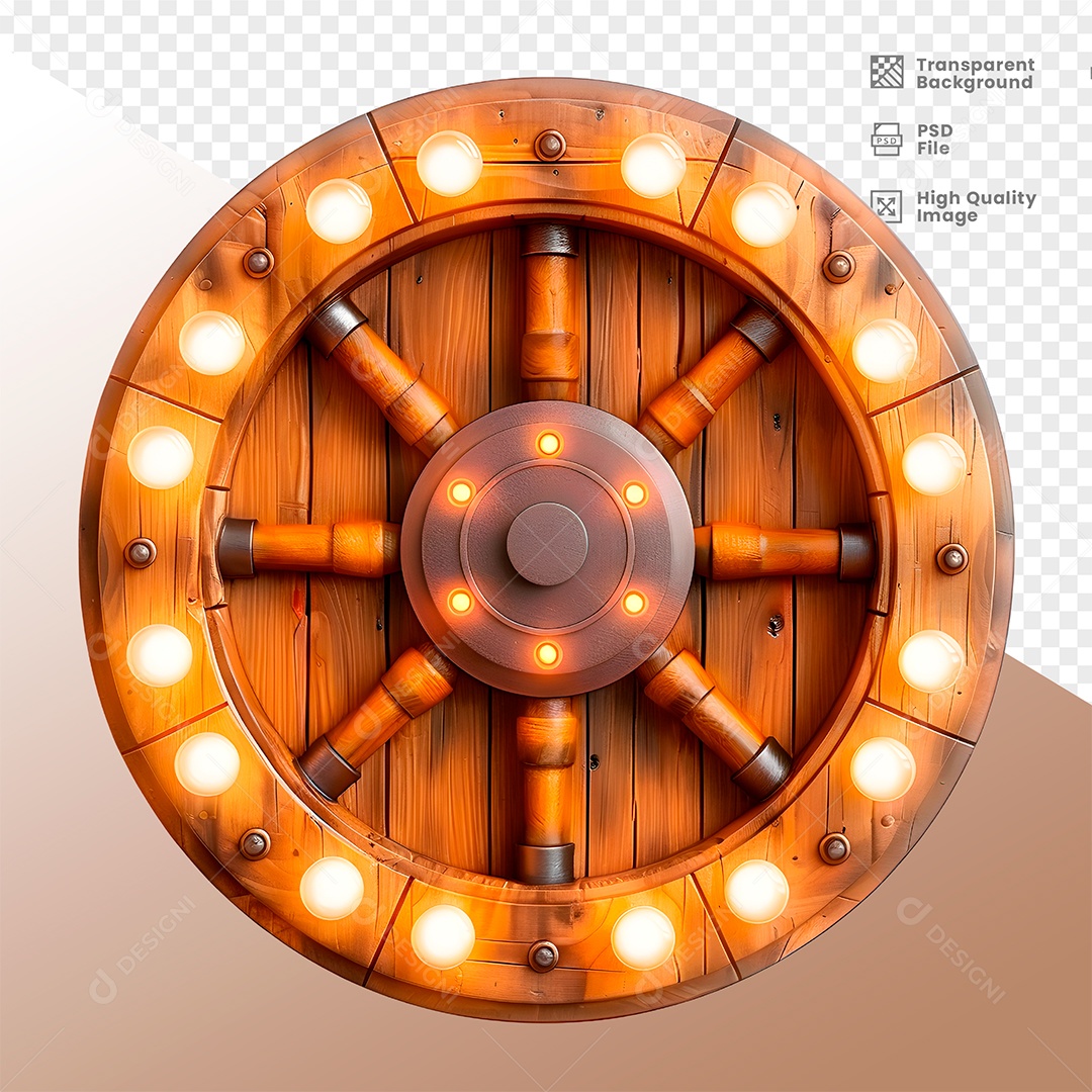 Roda de Madeira com Lampadas Elemento 3D para Composição PSD