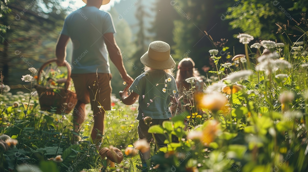 Família caminhando e passeando na floresta para um piquenique