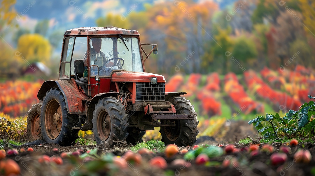 Agricultor em seu trator colhendo no plantio