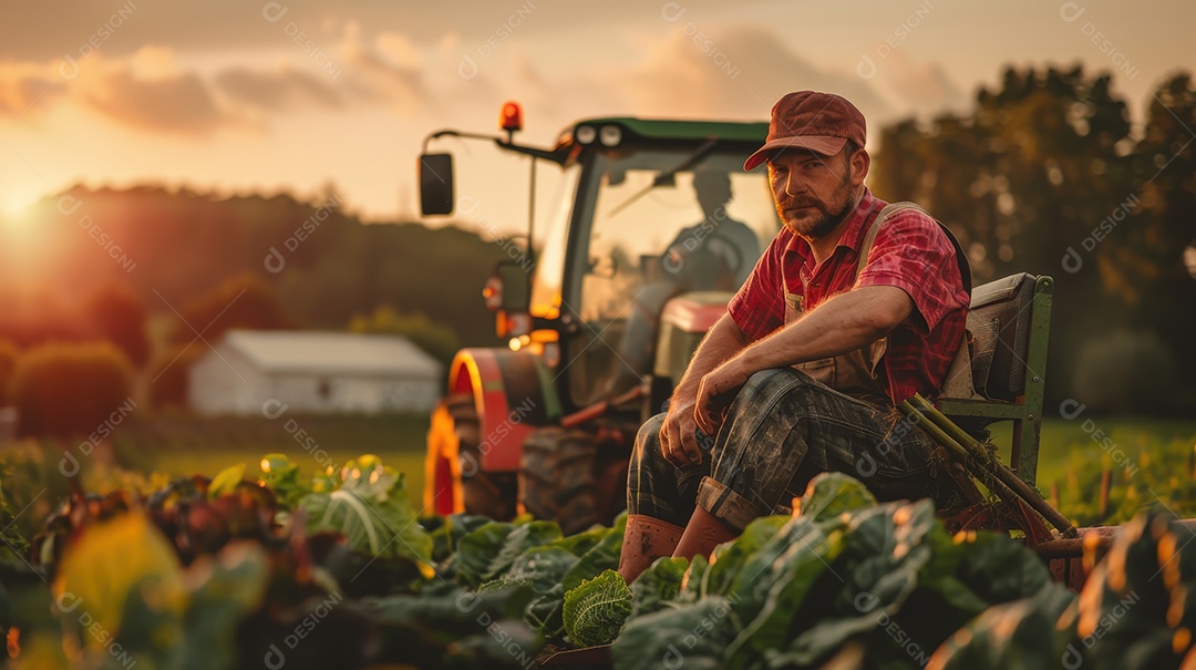 Agricultor em seu trator colhendo no plantio