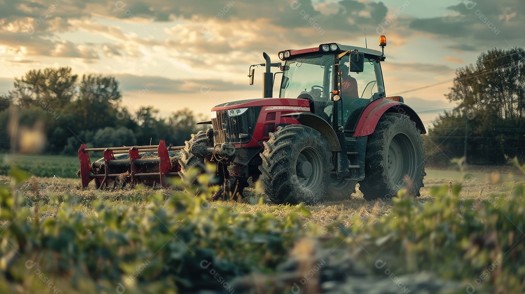 Agricultor com seu trator para colheita