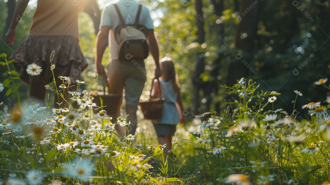 Família caminhando e passeando na floresta para um piquenique