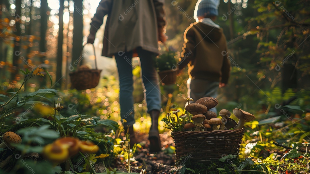 Família caminhando e passeando na floresta para um piquenique