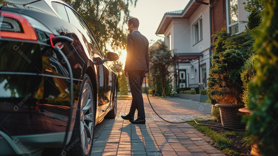 Empresário com carro elétrico estacionado do lado de fora de casa