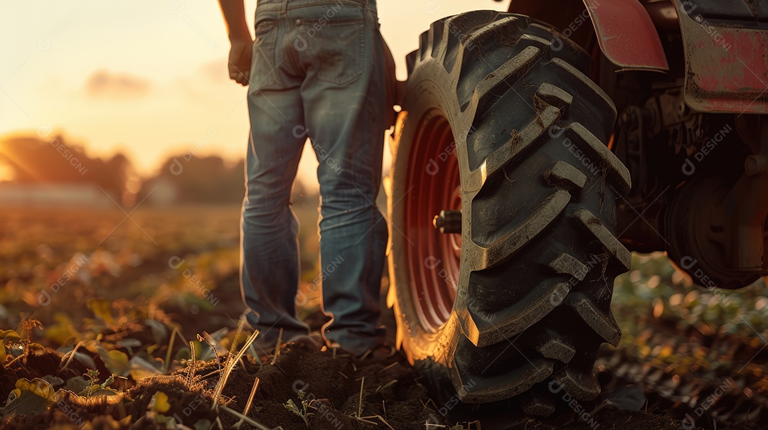 Agricultor dando manutenção no trator de colheita